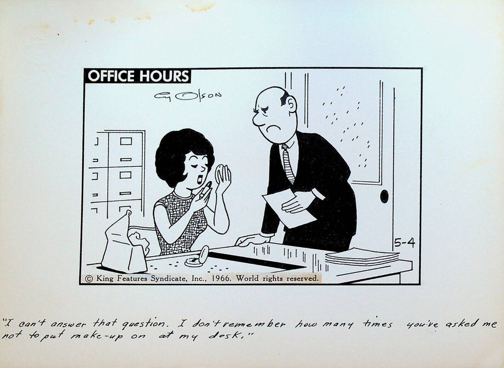 Office Hours by Cy Olson Original Comic Strip Art May 4 1966 Make Up Secretary