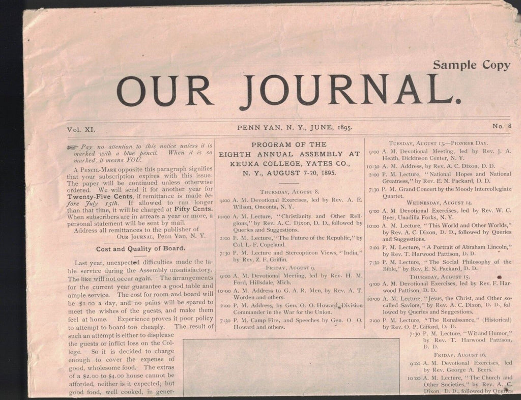 Our Journal Newspaper June 1895 Penn Yan NY Keuka College General OO Howard