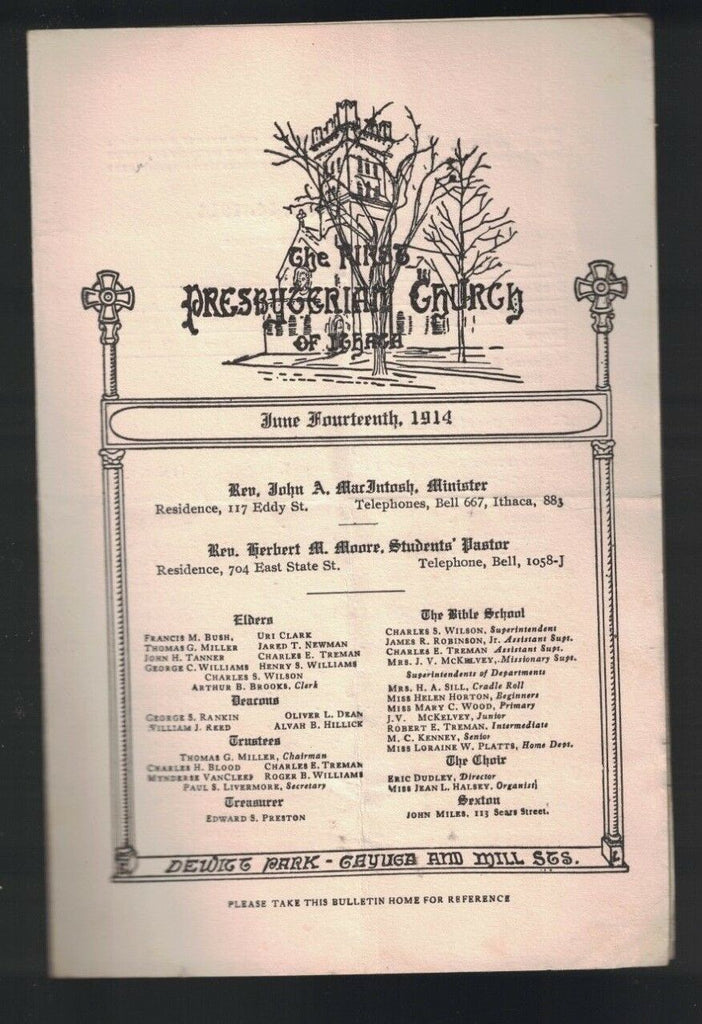 First Presbyterian Church of Ithaca NY June 14 1914 Bulletin Dewitt Park