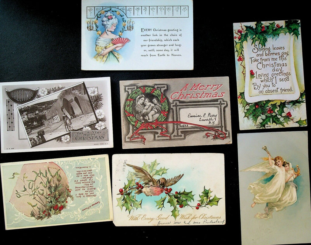 Christmas Postcard Lot of 7 1910s Angels Rotary Photo Nazareth Bird Holly