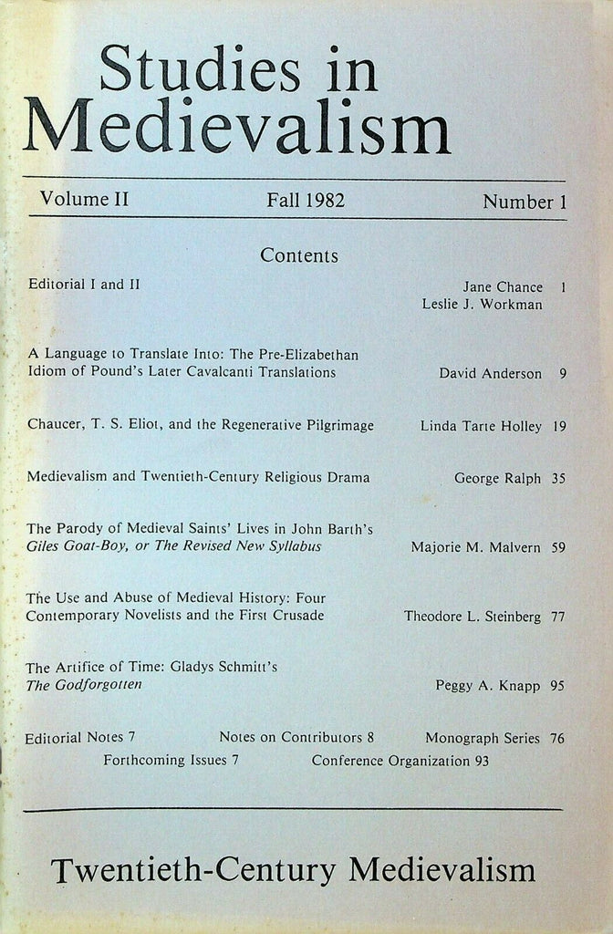 Studies in Medievalism Magazine Fall 1982 TS Eliot Gladys Schmitt John Barth