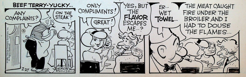 Moon Mullins Original Art Ferd & Tom Johnson February 27 1984 Cooking Steak
