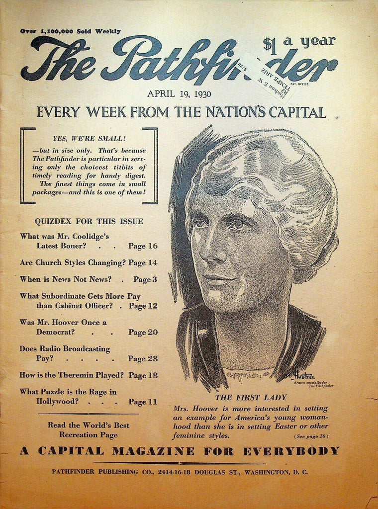 Pathfinder Magazine April 19 1930 Mrs Lou Hoover Percival Lowell