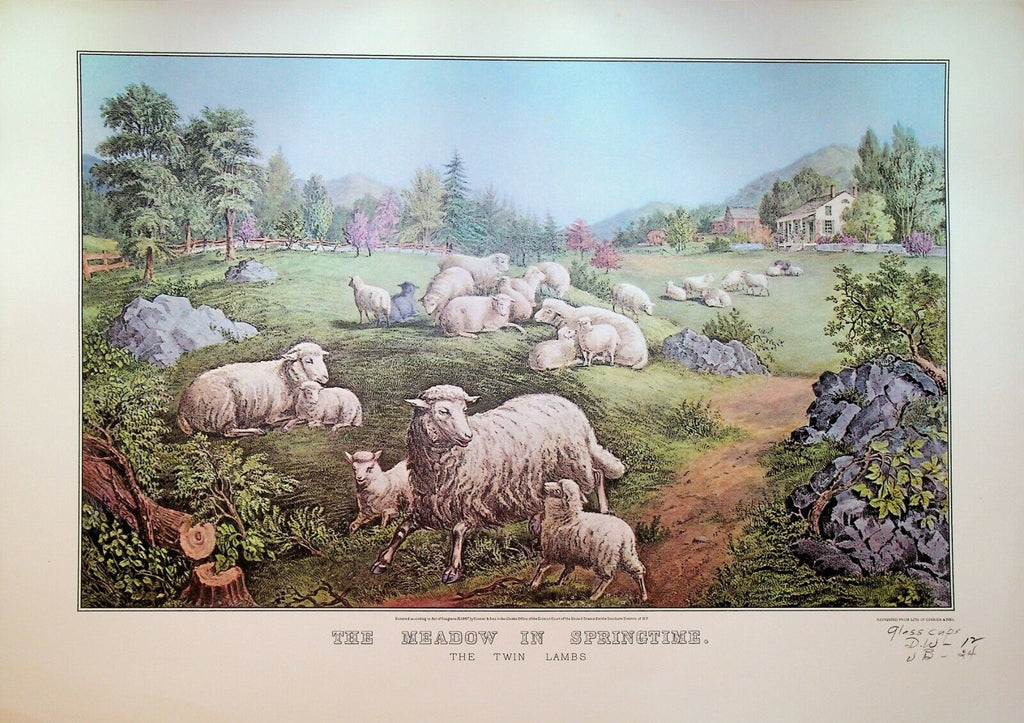 Currier & Ives Calendar Topper 1972 Meadow in Springtime Twin Lambs