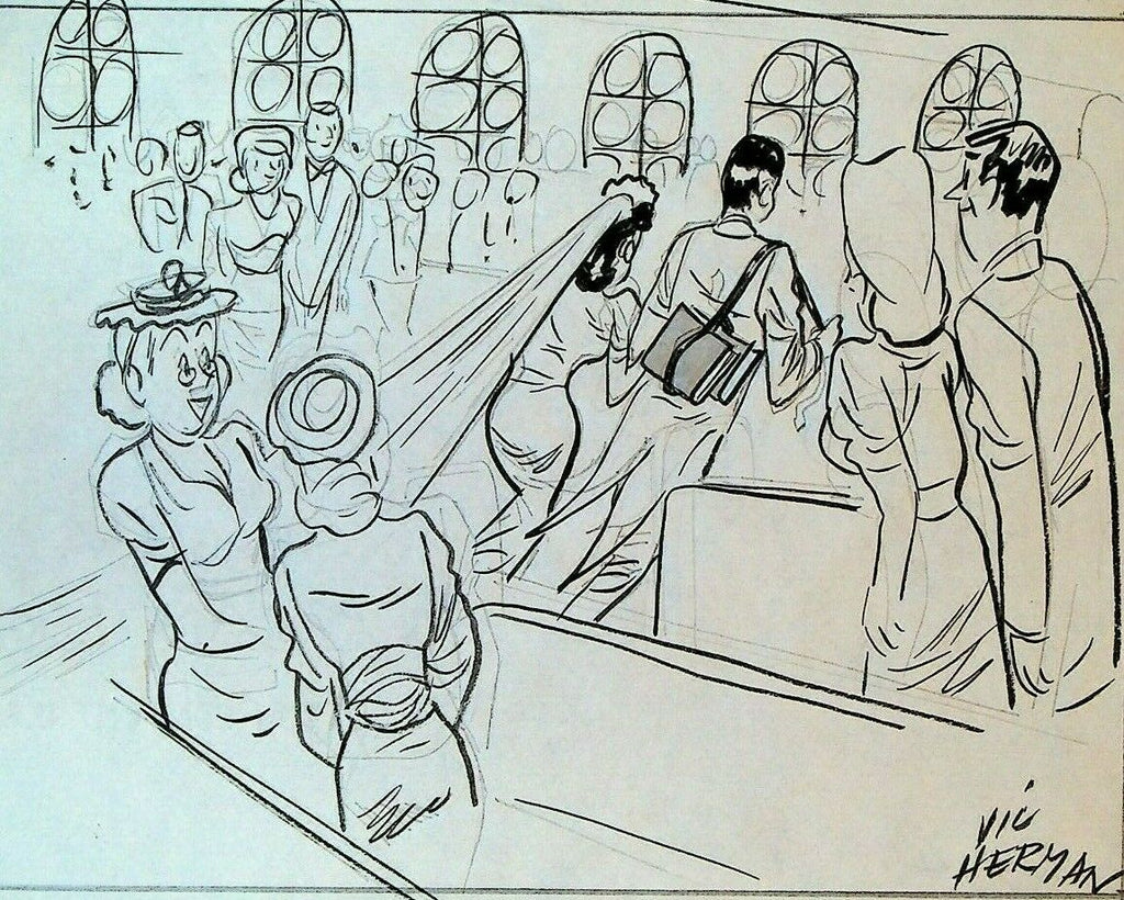 Vic Herman Original Art 1940s Bride Groom Marriage High School Sweethearts