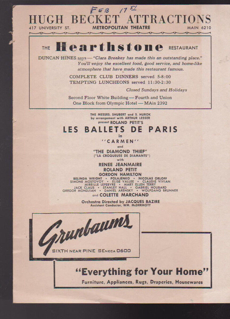 Les Ballets de Paris in Carmen 1951 Program Metropolitan Theatre Seattle Wa