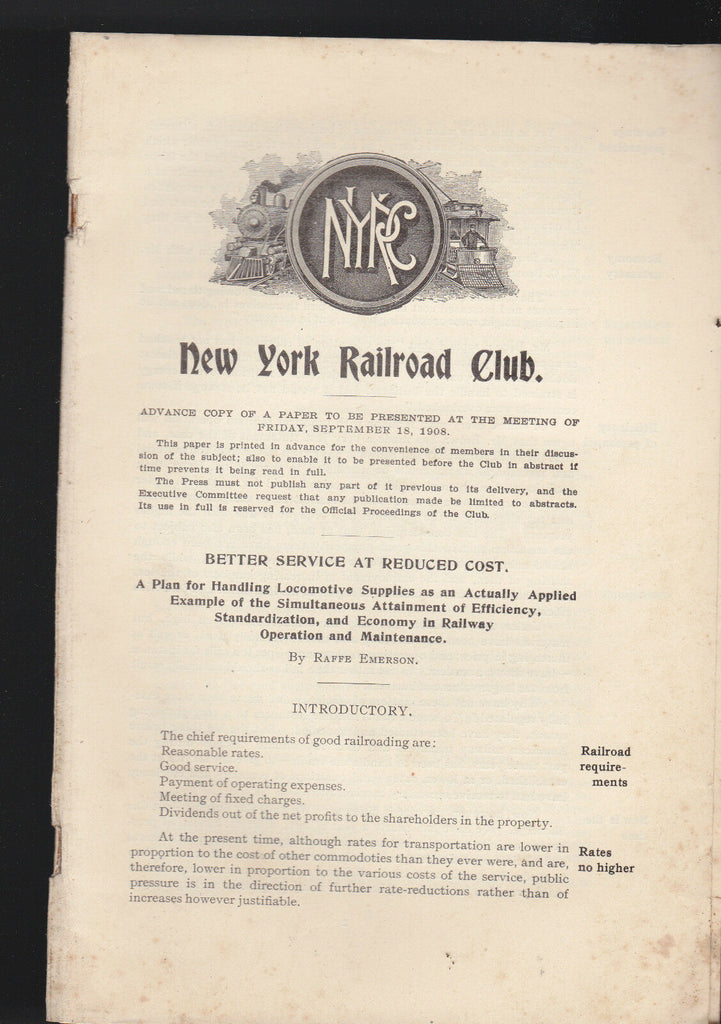 Better Service at Reduced Cost Raffe Emerson 1908 New York Railroad Club Booklet