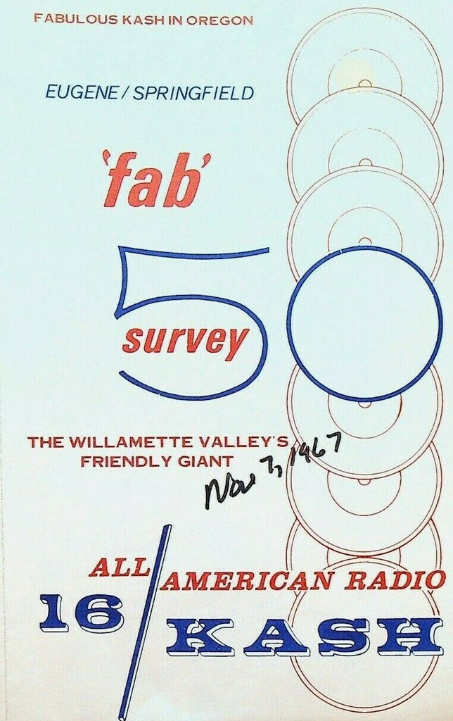 KASH 1600 Eugene Oregon Fab 50 Survey Rock & Roll Songs Brochure November 7 1967