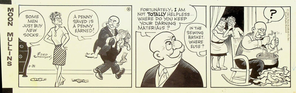 Moon Mullins Ferd Johnson Original Comic Strip Art January 31 1968 Darn Socks