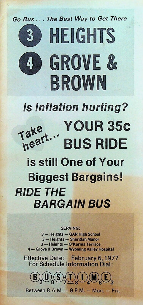 Wilkes Barre Pennsylvania Bus Schedule February 6 1977 Heights Grove Brown