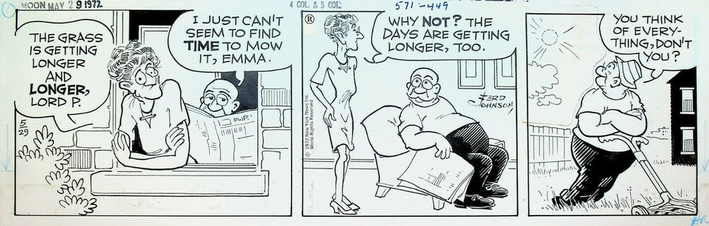 Moon Mullins Original Comic Strip Art Ferd Johnson May 29 1972 Mow Grass