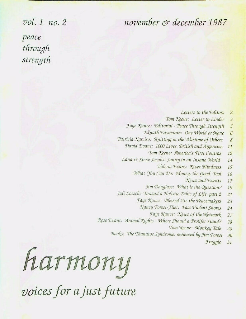 Harmony Magazine Voices for a Just Future November 1987 Peace Through Strength