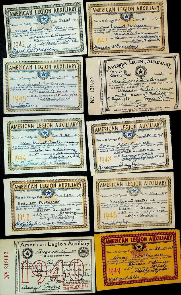 American Legion Auxiliary Membership Cards Deming Wa Lot of 10 1930s to 1950s