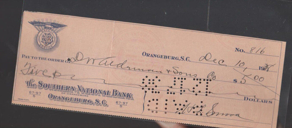 Southern National Bank Orangeburg South Carolina Used Check 1938