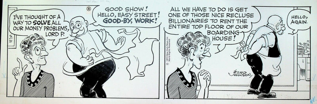 Moon Mullins Original Comic Strip Art Ferd Johnson May 31 1972 Boarding House