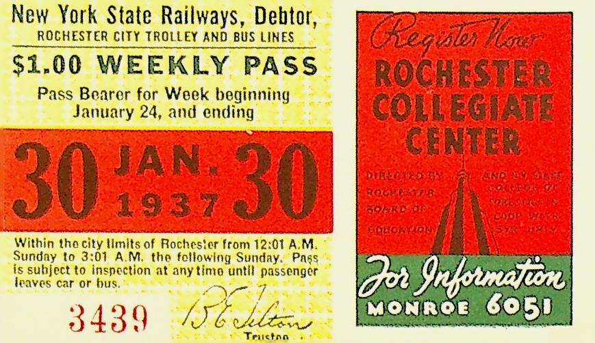 Rochester City Trolley & Bus Lines Pass January 30 1937 Collegiate Center