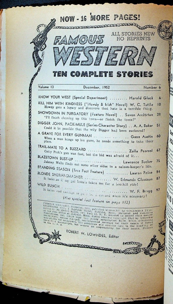 Famous Western Pulp December 1952 WC Tuttle Gene Austin AA Baker