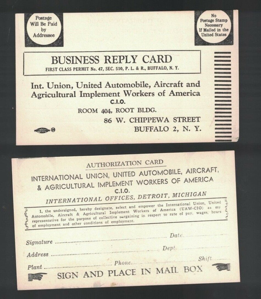 UAW-CIO Union 1950s Unused vintage authorization card Automobile Aircraft