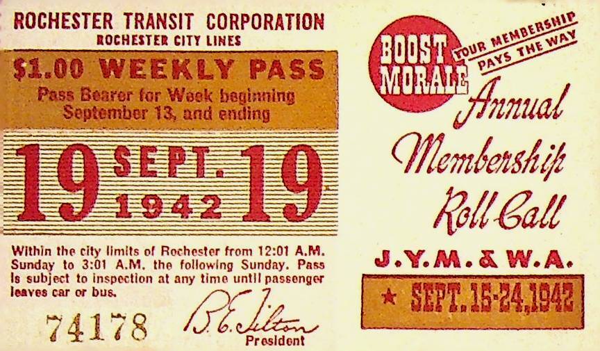 Rochester City Trolley & Bus Lines Pass September 19 1942 JYM & WA