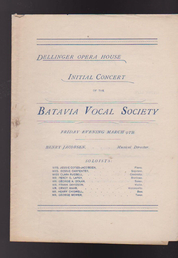 Batavia Vocal Society NY Initial Concert Program Dellinger Opera House