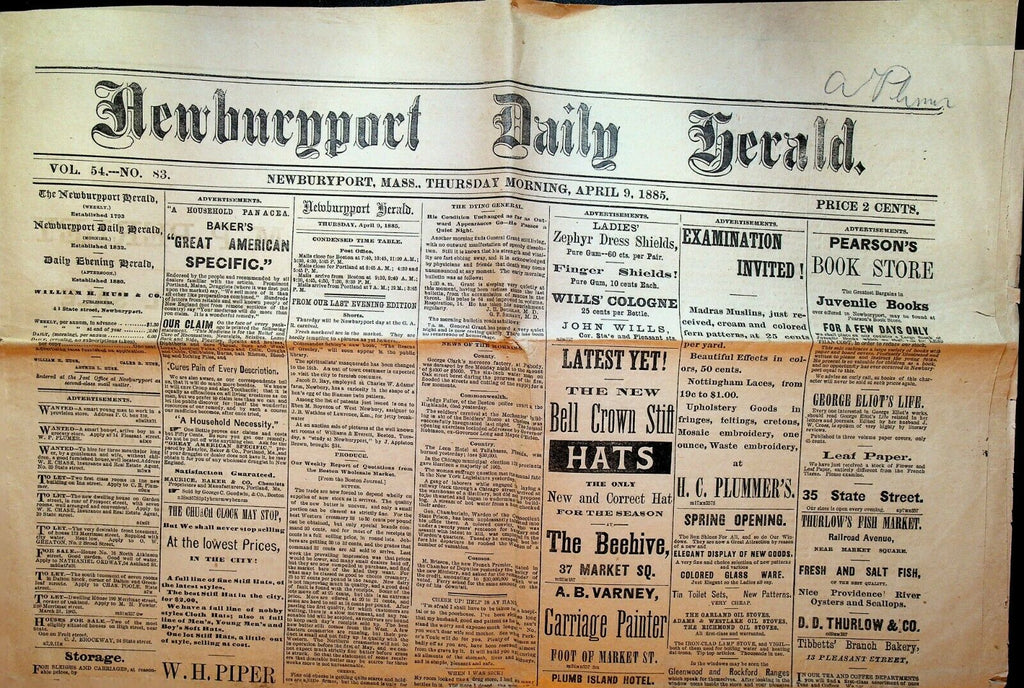 Newburyport Daily Herald April 9 1885 Ulysses Grant Dying Charles Merrill