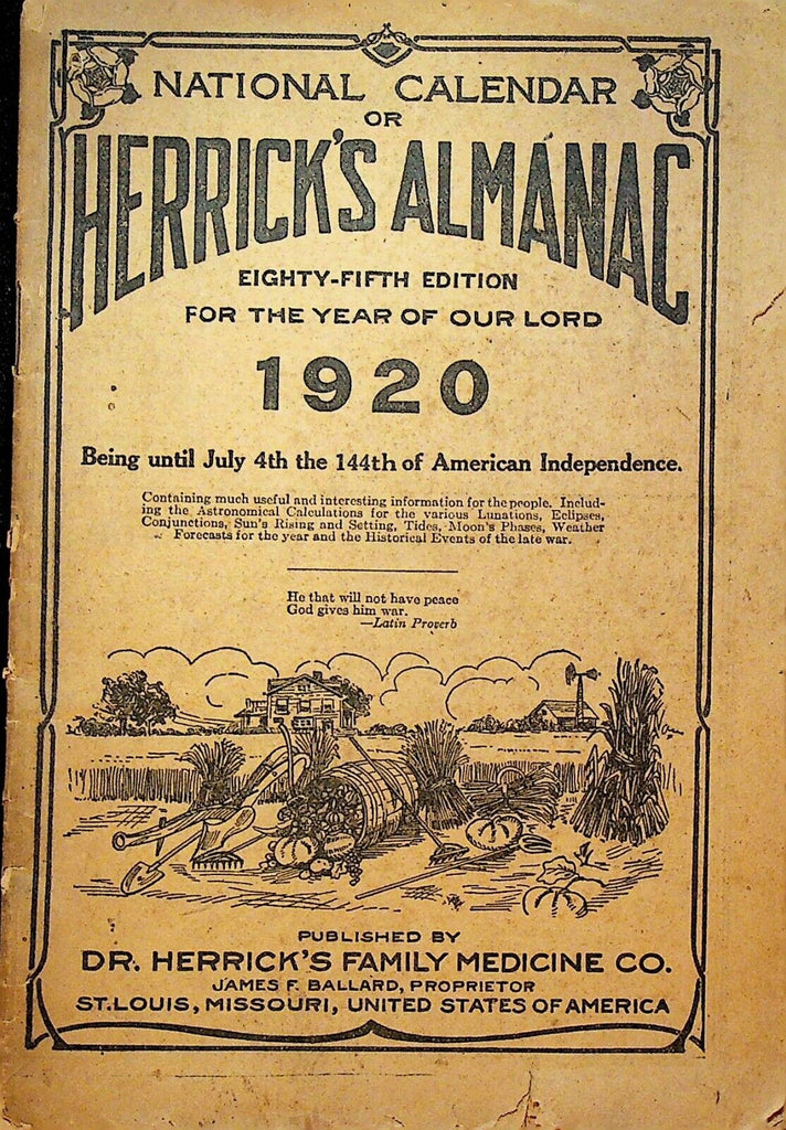 Herrick's Almanac 1920 Dr Herrick Family Medicine Quack St Louis Mo