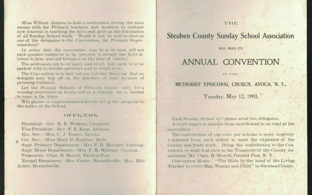 Steuben County Sunday School Association Convention Program 1903 Avoca NY