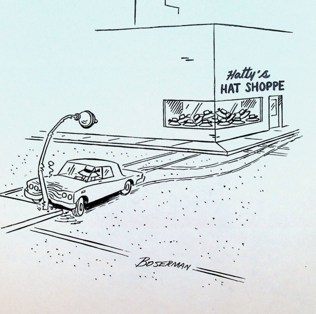 Hat Shop Car Accident Crash Cartoon Gag William Boserman