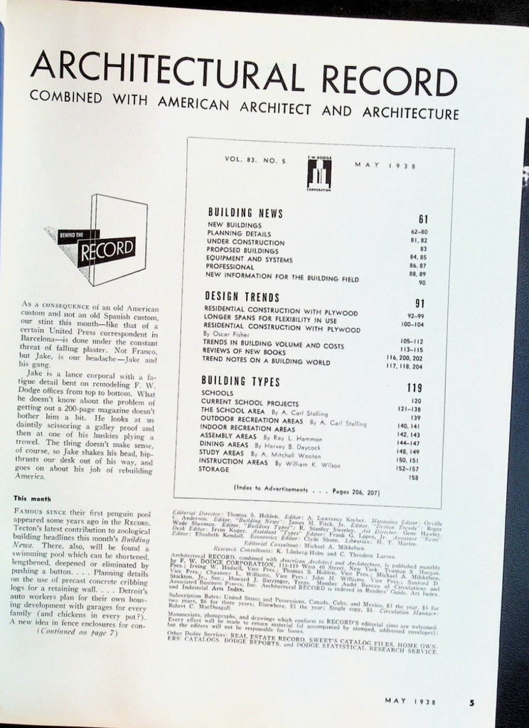 Architectural Record May 1938 School Projects Dining Instruction Assembly Study