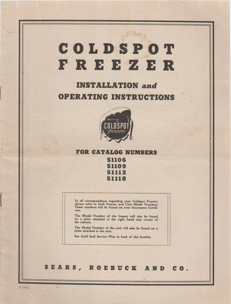 Coldspot Freezer Installation & Operating Instructions Sears Roebuck & Co