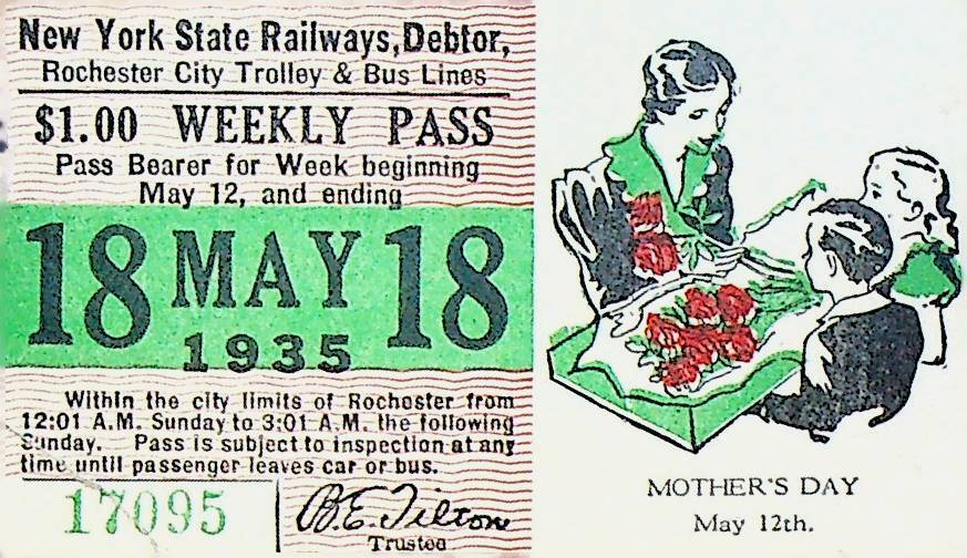 Rochester City Trolley & Bus Lines Pass May 18 1935 Mother's Day