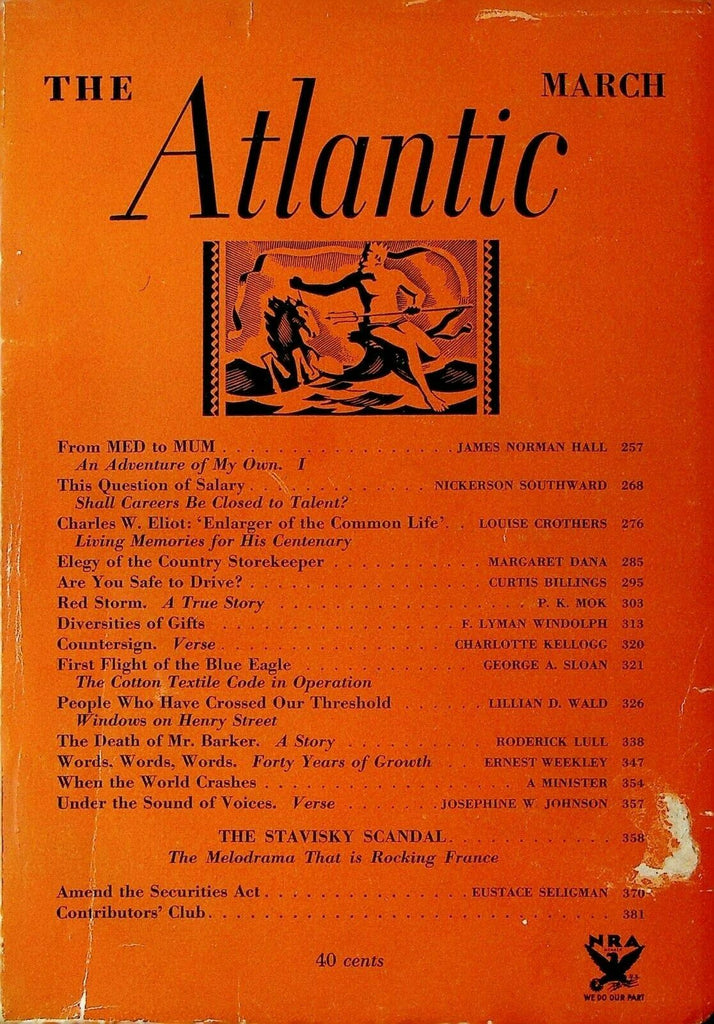 Atlantic Magazine March 1934 Alexandre Stavinsky Charles W Eliot PK Mok