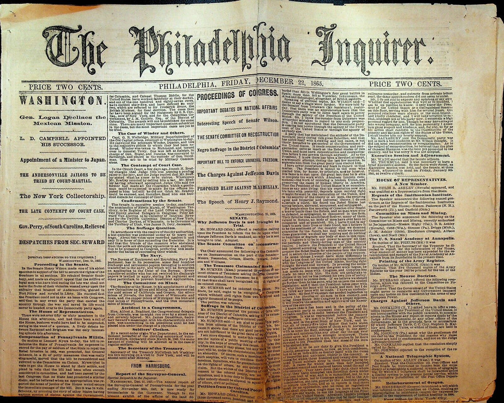 Philadelphia Inquirer Newspaper December 22 1865 Andersonville Prison Civil War