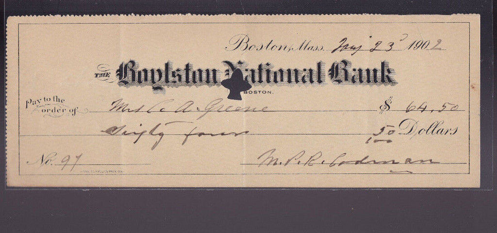 Boylston National Bank Boston Massachusetts Used Bank Check May 23 1902