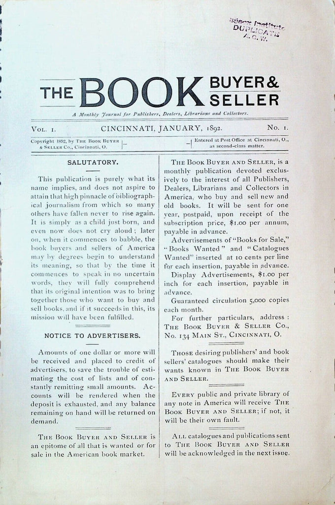 Book Buyer & Seller January 1892 FIRST ISSUE