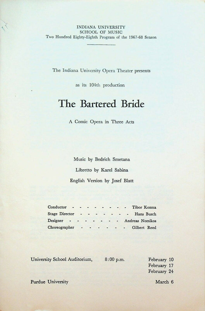 The Bartered Bride 1968 Program Indiana University Opera Theater