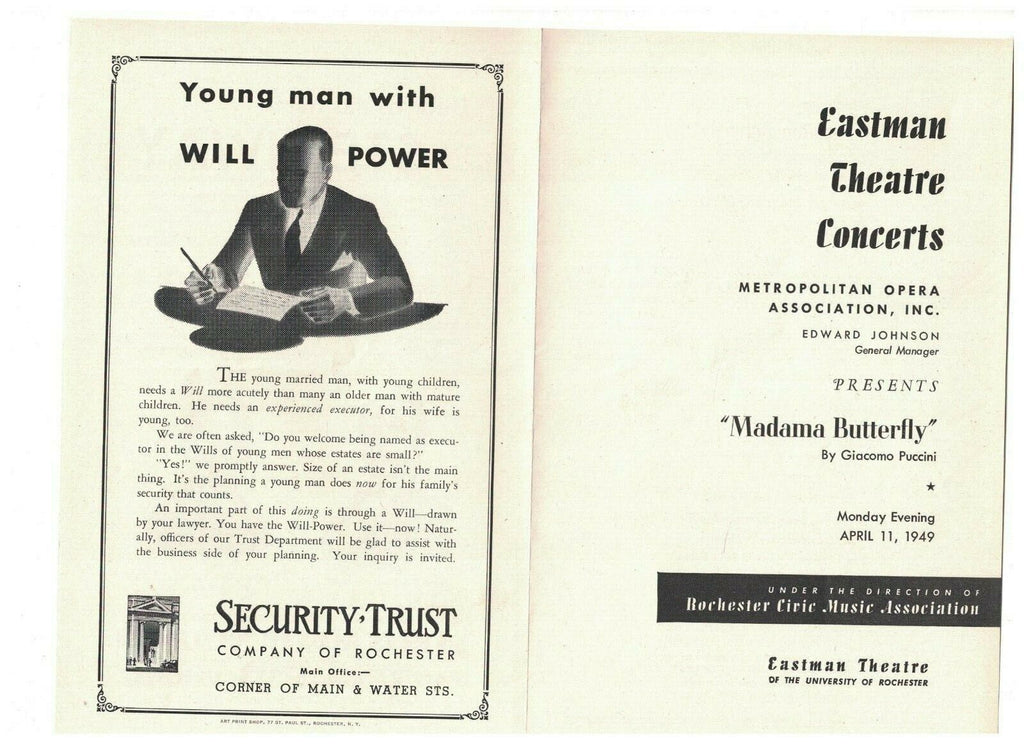 Madama Butterfly Eastman Theatre Program April 11 1949 Rochester NY