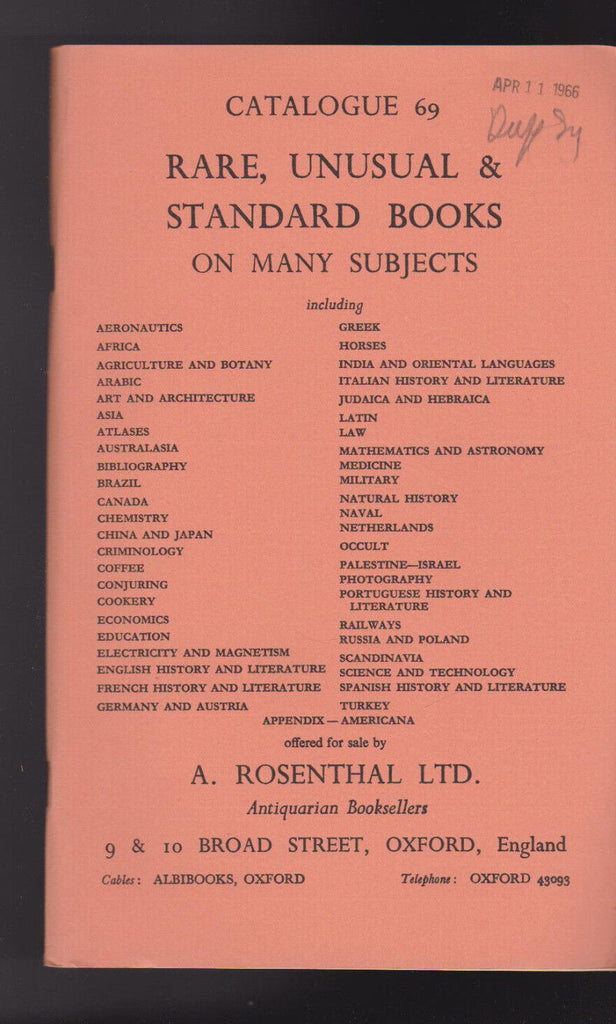 A Rosenthal Ltd Catalogue 69 Rare Unusual & Standard Books 1966