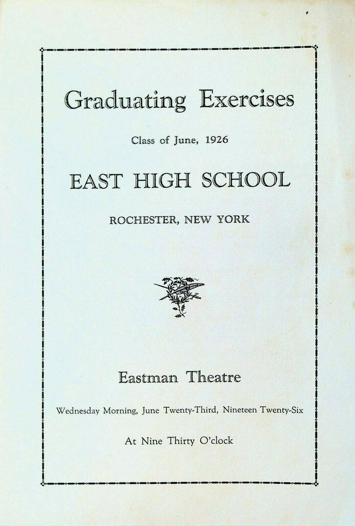 East High School Rochester NY Graduating Exercises Class of June 1926 Program