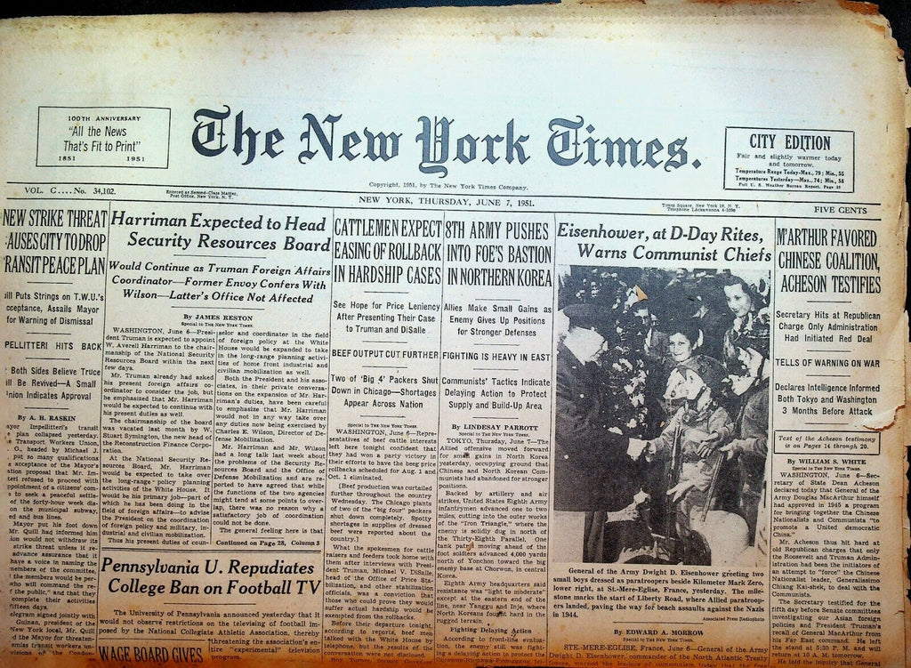 The New York Times June 7 1951 Korean War Teenage Drug Use NCAA Football