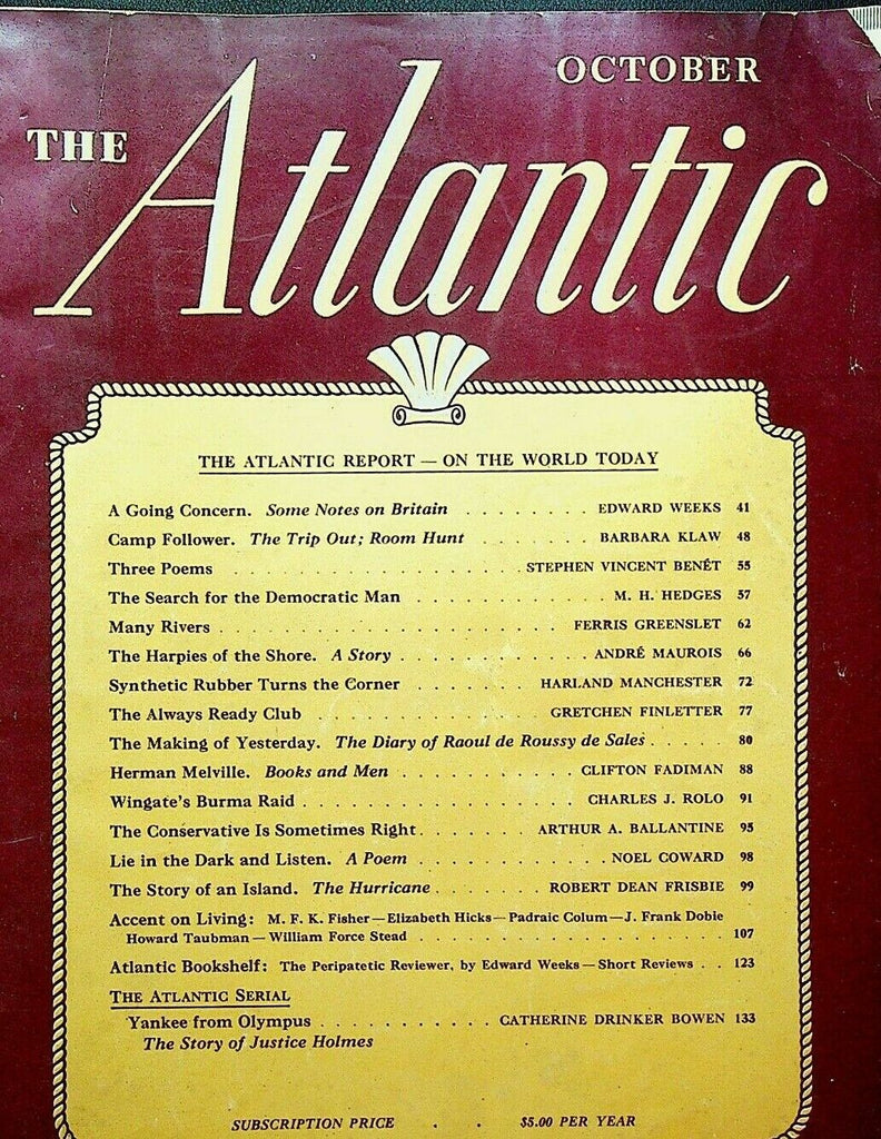 Atlantic Magazine October 1943 Noel Coward World War II Herman Melville