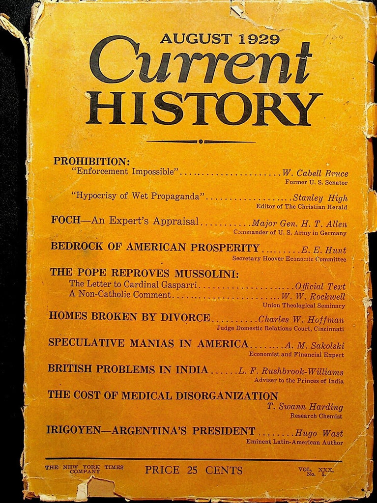 Current History Magazine August 1929 Prohibition Marshal Foch India Mussolini