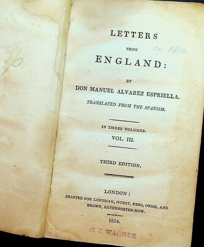 Letters From England Don Manuel Alvarez Espriella 1814 Volume 3 Robert Southey