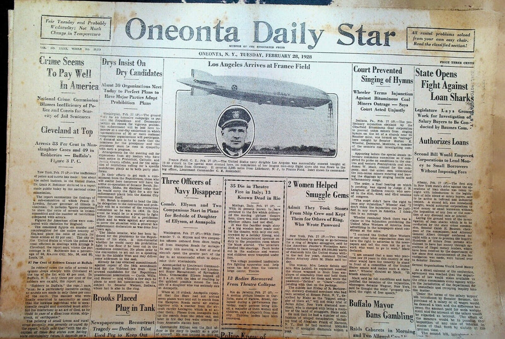 Oneonta Daily Star February 28 1928 Navy Dirigible Los Angeles Robert Cannefax