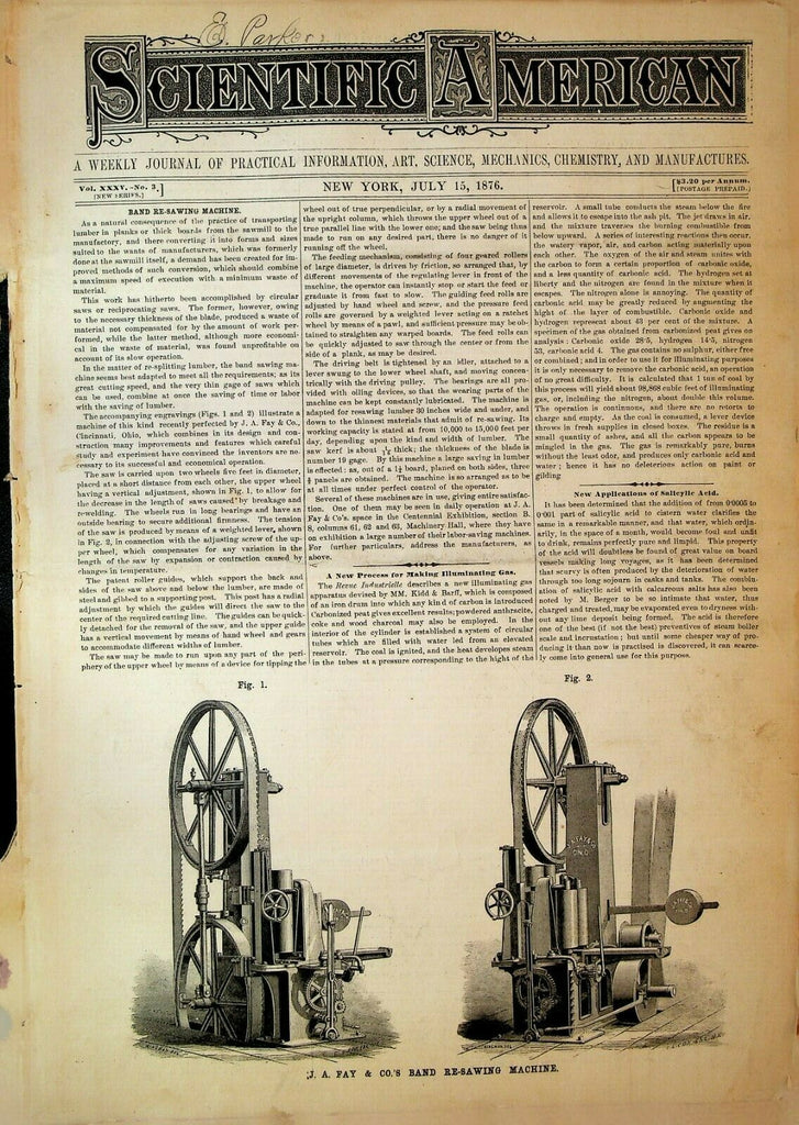 Scientific American July 15 1876 Band Re-Sawing Machine Wagon Brake