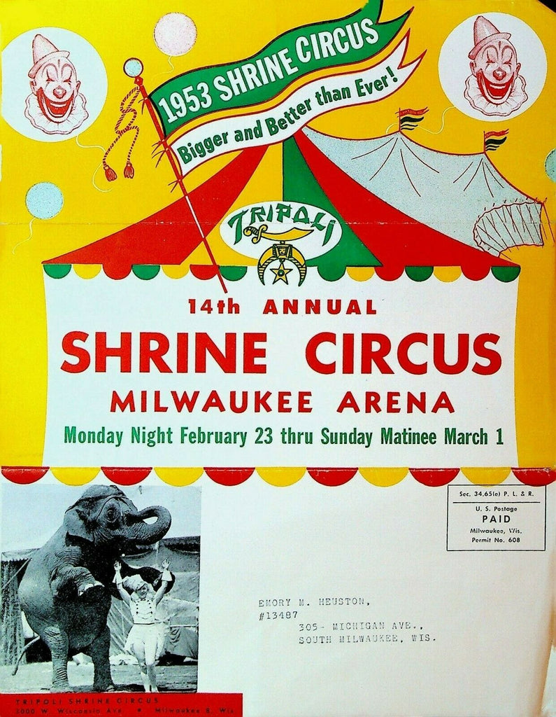 Tripoli Shrine Circus 1953 Ad Mailer Milwaukee Elephant Clowns