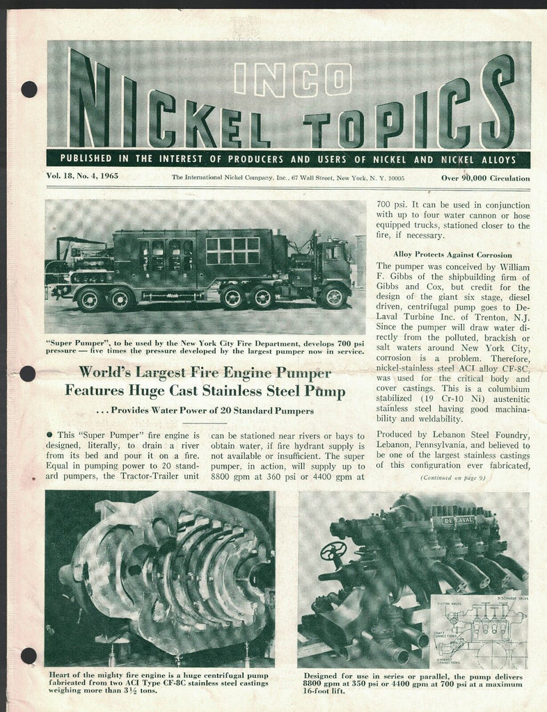 Inco Nickel Topics Newsletter 1965 World's Largest Fire Engine Pumper