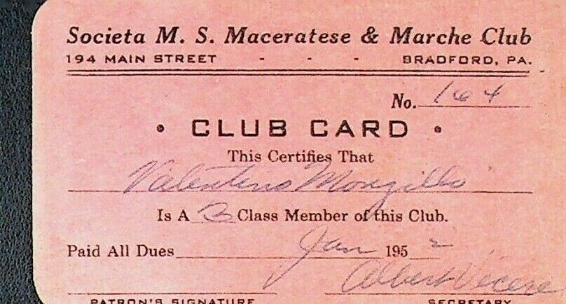 Societa MS Maceratese & Marche Club Membership Card Bradford Pa 1952