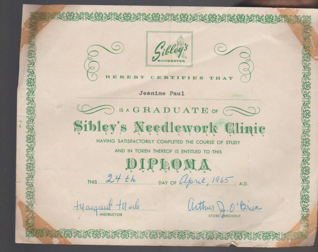 Sibleys Needlework Clinic Diploma 1965 Rochester NY