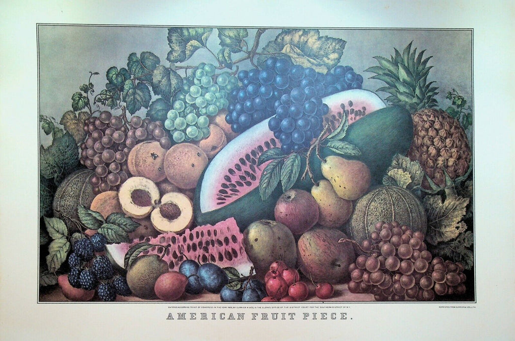 Currier & Ives Calendar Topper 1970 American Fruit Piece Watermelon Grapes Berry